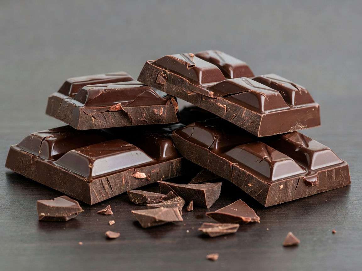 Dark chocolate bar broken into glossy pieces highlighting crisp temper snap