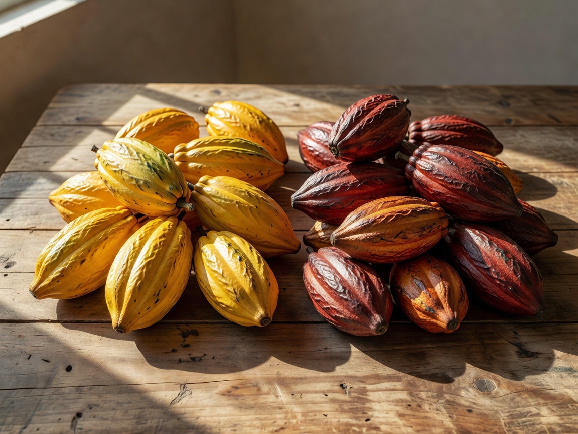 Sorted raw cacao pods displaying vibrant yellow and reddish terroir husks