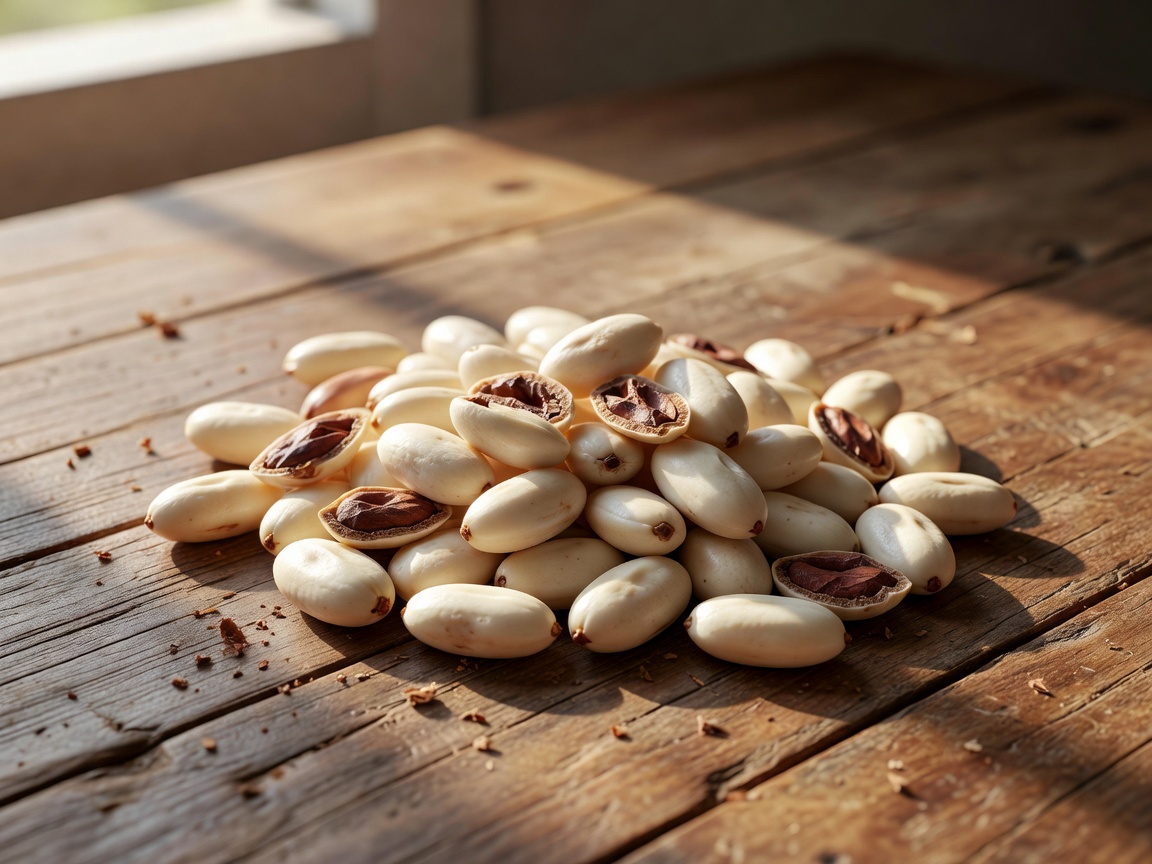 Venezuelan Porcelana Criollo cacao beans resting on wooden table